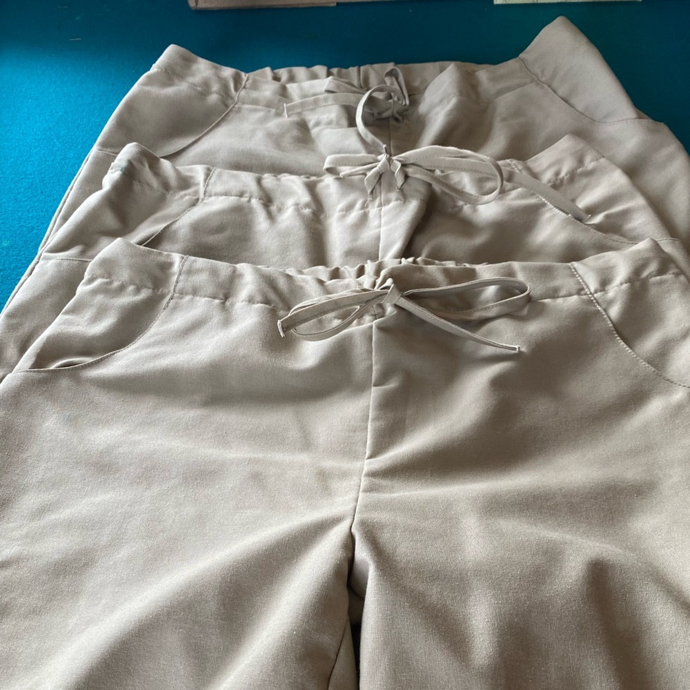 3 Pair Med line Scrub pants drawstring style size Large color Khaki